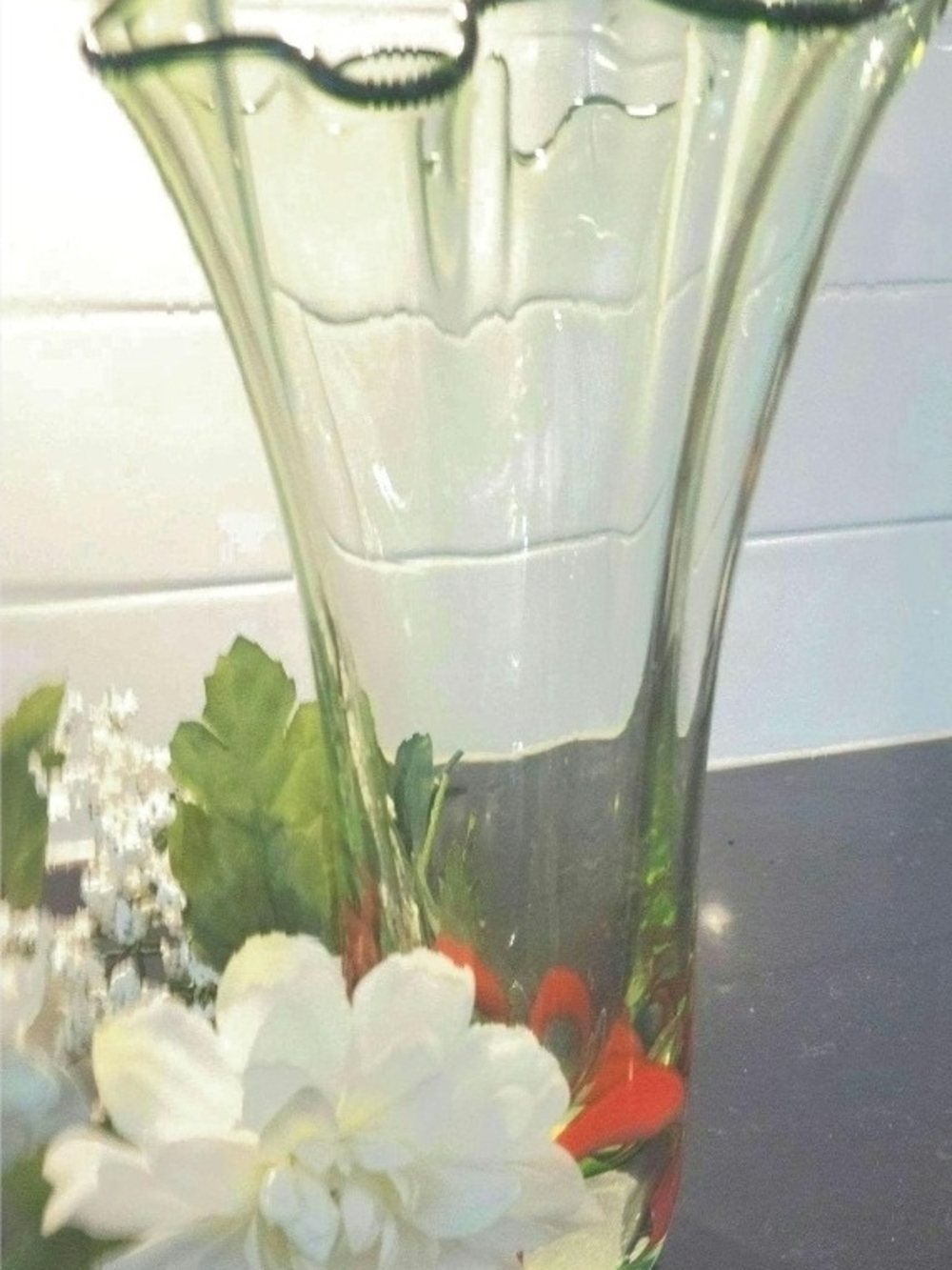 Hand Blown Art Glass Vase | Green with Red Detail, Thick Clear Base